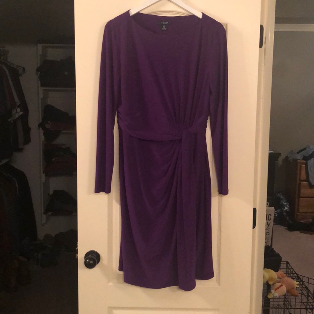 Chaps long sleeve purple ruched waist dress